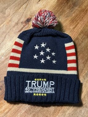 Trump 45th President Knit Pom Beanie - Navy with Red & White Accents